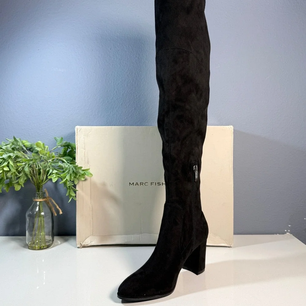[NEW] Marc Fisher Black Suede Over The Knee Boots Block Heel Size 5‎